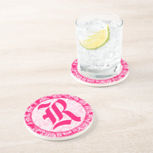 Pink Damask Monogram Wedding Anniversary Coaster