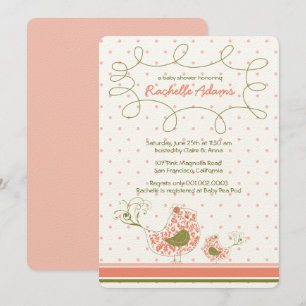 Pink Damask Mum & Baby Bird Chic Girl Baby Shower Invitation