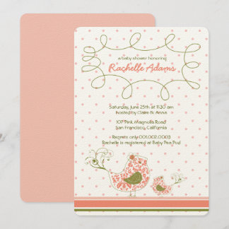 Pink Damask Mum & Baby Bird Chic Girl Baby Shower Invitation