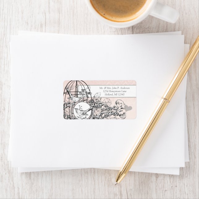 Pink Damask Musical Vintage Bird Cage Label (Insitu)