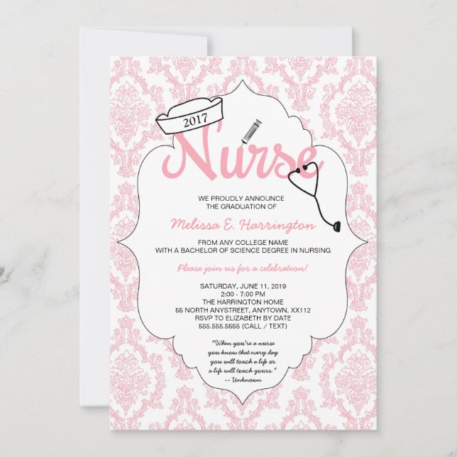 Pink Damask Nurse graduation pinning invite (Front)
