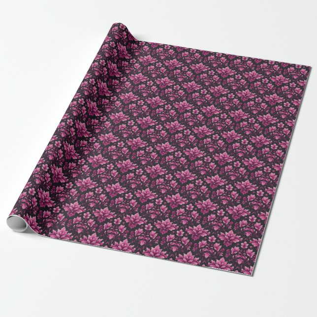 Pink Damask on Black Wrapping Paper (Unrolled)