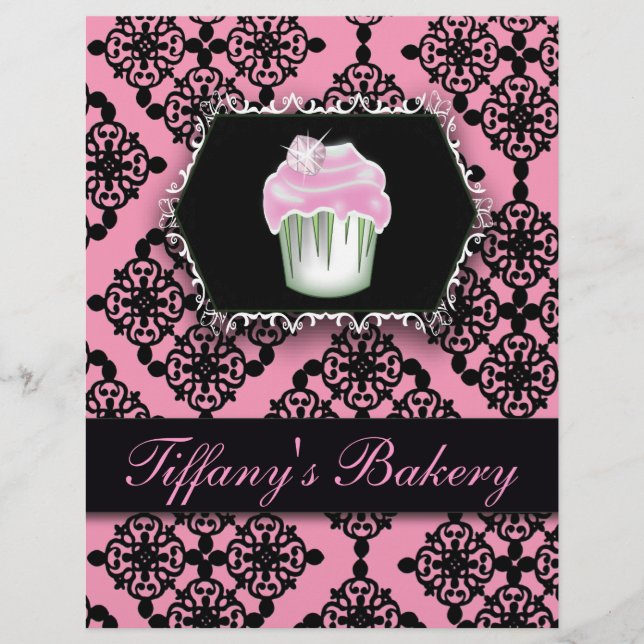 pink damask pastry chef baker bakery cupcake flyer (Front)