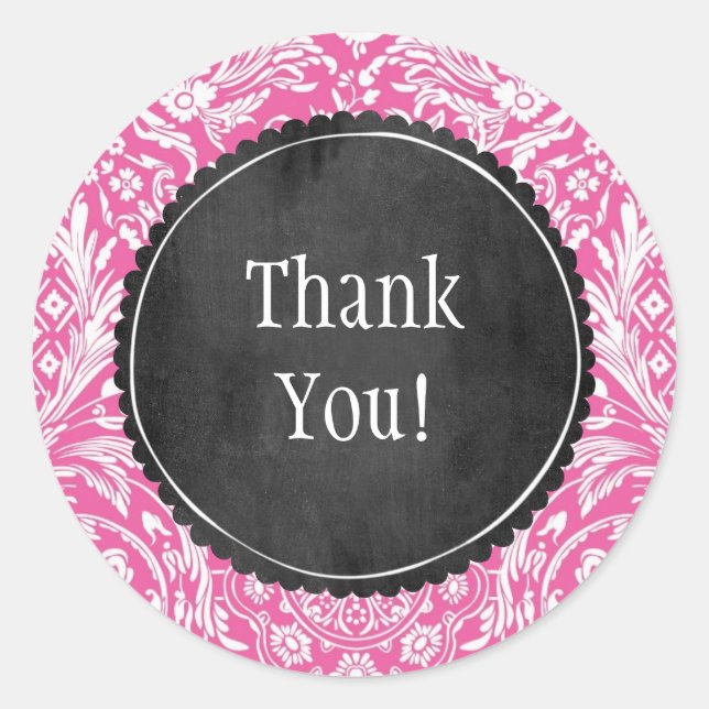 Pink Damask Pattern Flower Chalkboard Customisable Classic Round Sticker (Front)