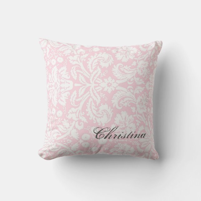 Pink Damask Pattern Monogram Pillow (Front)