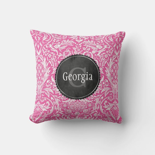 Pink Damask Pattern With Chalkboard Monogram Cushion (Front)