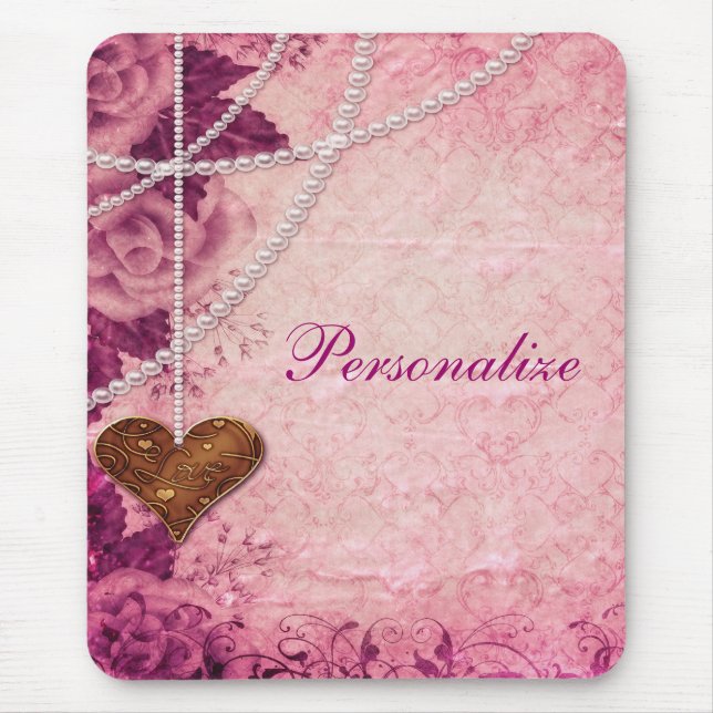 Pink Damask, Pearls, Heart & Roses Mousepad (Front)