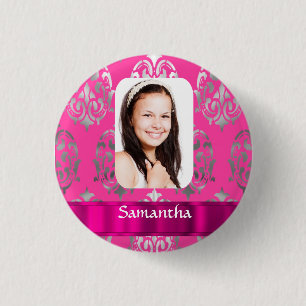 Pink damask personalised photo template 3 cm round badge