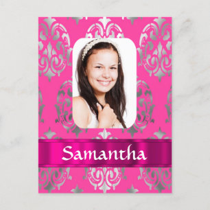Pink damask personalised photo template postcard