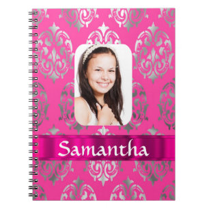Pink damask personalised photo template spiral notebook