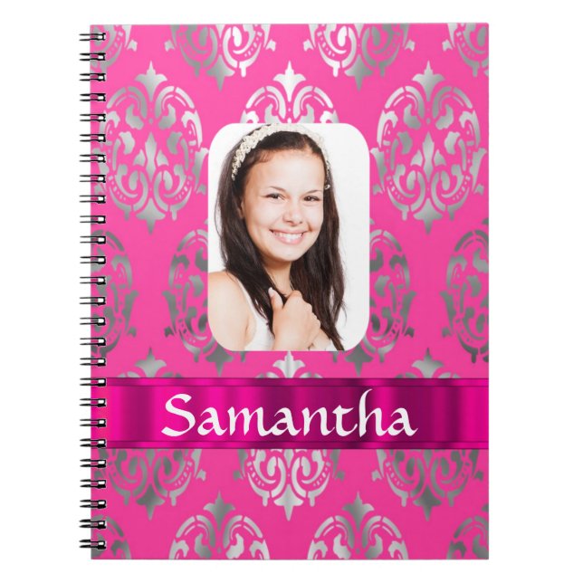Pink damask personalised photo template spiral notebook (Front)