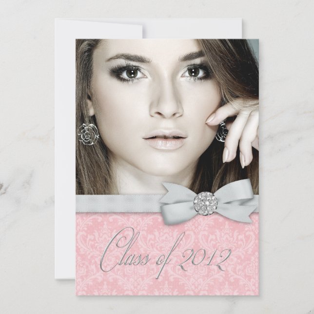 Pink Damask Photo Graduation Announcements (Front)