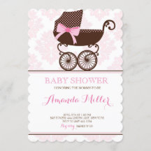 Pink Damask Pram Baby Shower Girl Invitations