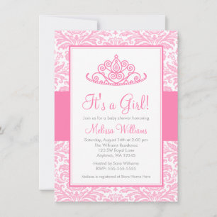 Pink Damask Princess Crown Girl Baby Shower Invitation