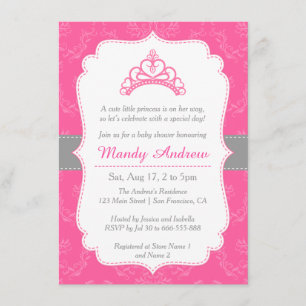 Pink Damask, Princess Crown, Girl Baby Shower Invitation