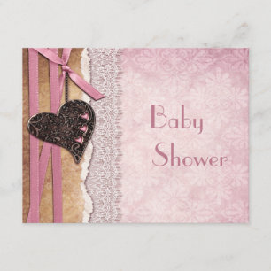 Pink Damask, Printed Heart & Lace Baby Shower Invitation