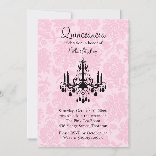 Pink Damask Quinceanera Invitation (Front)