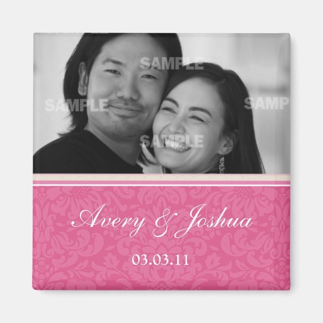 Pink Damask Save the Date Photo Magnet (Front)