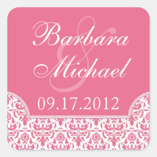 Pink Damask Square Wedding Stickers