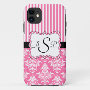 Pink Damask Stripes Personalised Monogram iPhone 11 Case
