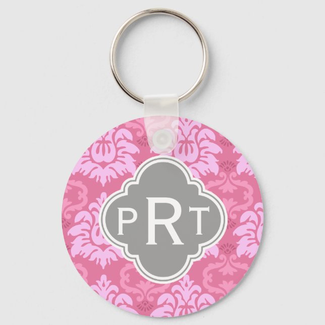 Pink Damask Trio Monogram Key Ring (Front)