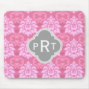 Pink Damask Trio Monogram Mouse Pad