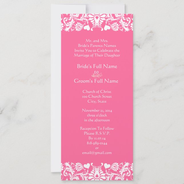 Pink Damask Wedding Invitation (Front)