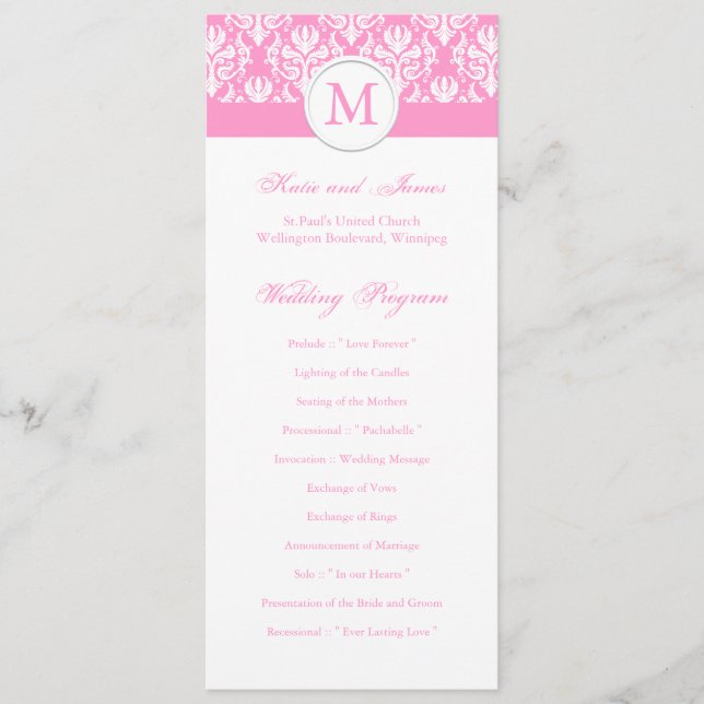 PInk Damask Wedding Program Programme (Front)