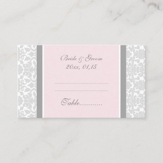 Pink Damask Wedding Table Place Setting Cards (Front)