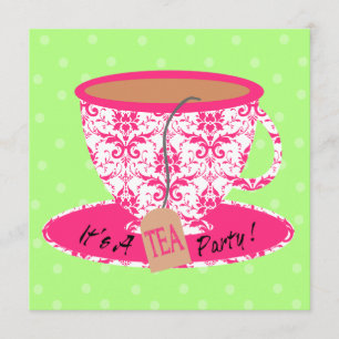 Pink Damask with Green Tea Cup Tea Party Birthday Invitation
