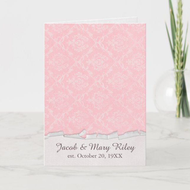 Pink Damask with Torn Edge Wedding Vow Renewal Invitation (Front)