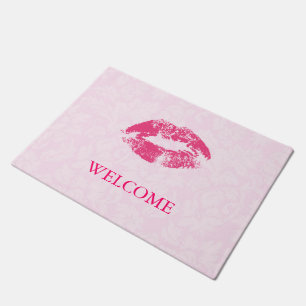 Pink Damasks And Red Lips Doormat
