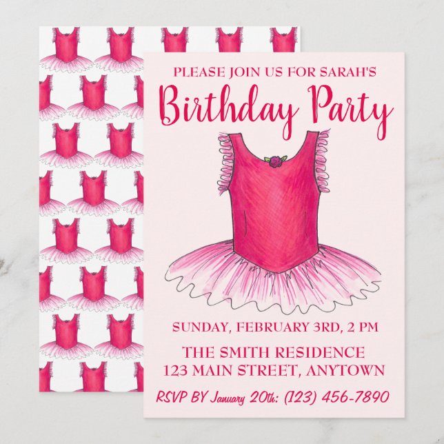 Pink Dance Ballerina Tutu Ballet Birthday Party Invitation (Front/Back)