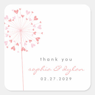 Pink Dandelion Flower Love Hearts Summer Wedding Square Sticker