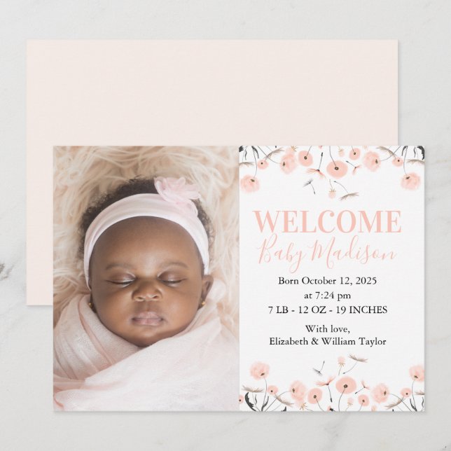 Pink Dandelions Baby Birth Announcement Card (Front/Back)