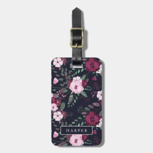Pink & Dark Blue Rose Pattern Custom Name Address Luggage Tag