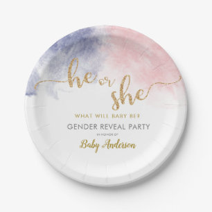Pink & Dark Blue Watercolor Glitter Gender Reveal Paper Plate