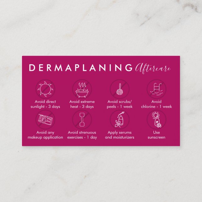 Pink Dark Dermaplaning Aftercare Post Instruction Business Card (Back)