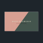 Pink & Dark Green Stylish Block Business Card<br><div class="desc">This stylish and modern business card features your name in a light yellow colour with a geometric rose pink and a dark forest green colour block background. The reverse side features your name, your title, contact information, and social icons with a deep forest green colour background. Change the background colour...</div>