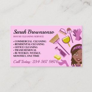 Pink Dark Skin Janitorial Lady House Cleaning Business Card