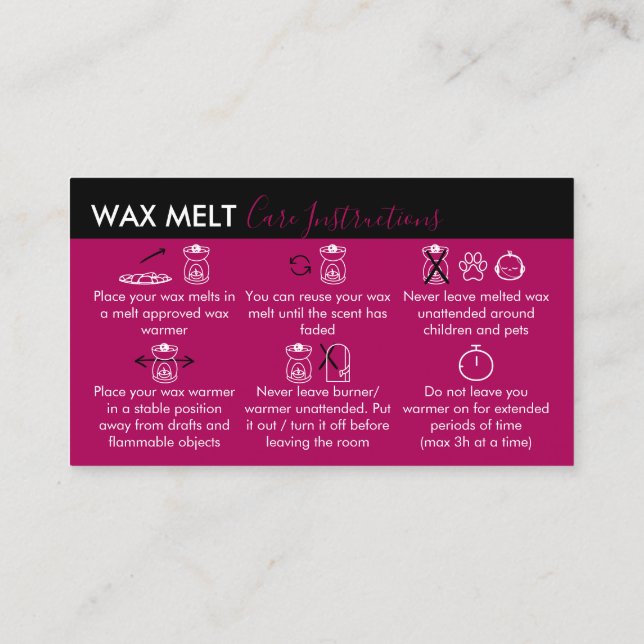 Pink Dark Wax Melt Care Instructions Business Card (Back)