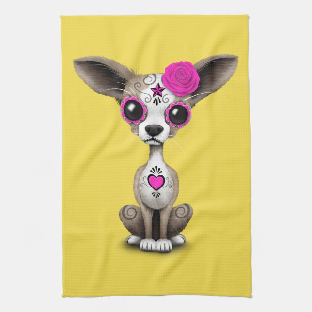 Pink Day of the Dead Chihuahua Tea Towel (Vertical)