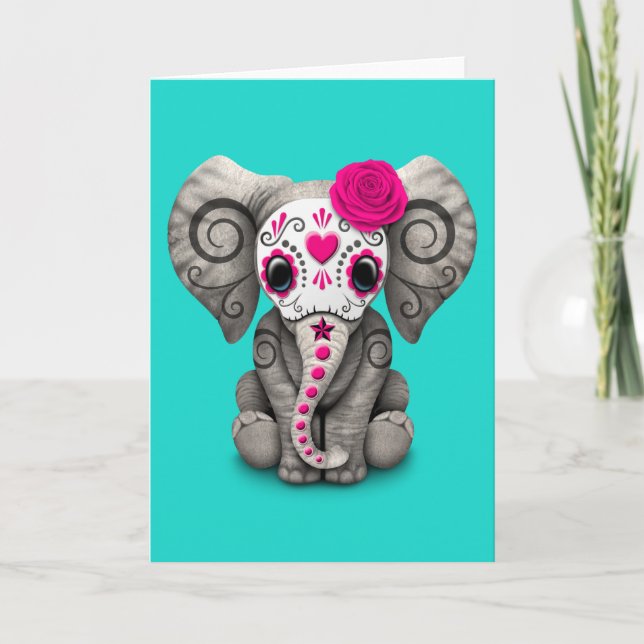 Pink Day of the Dead Elephant Card (Front)