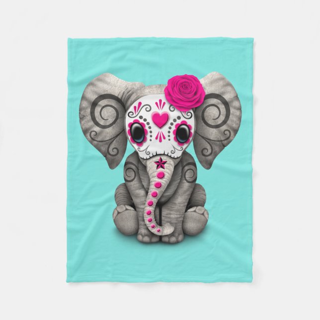Pink Day of the Dead Elephant Fleece Blanket (Front)