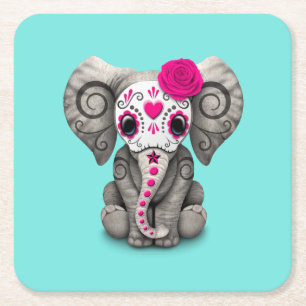 Pink Day of the Dead Elephant Square Paper Coaster