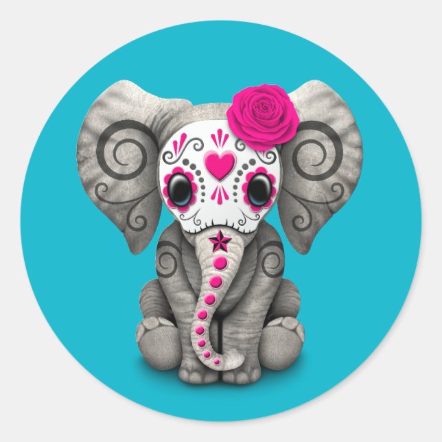 Pink Day of the Dead Sugar Skull Baby Elephant Classic Round Sticker (Front)