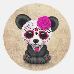 Pink Day of the Dead Sugar Skull Panda Aged Classic Round Sticker
