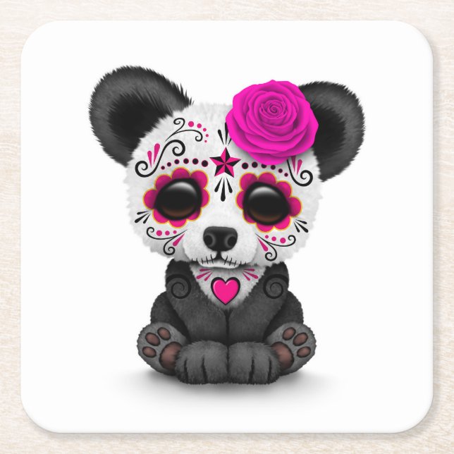Pink Day of the Dead Sugar Skull Panda on White Square Paper Coaster (Front)
