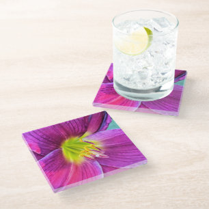 Pink Daylily Bloom Floral Glass Coaster