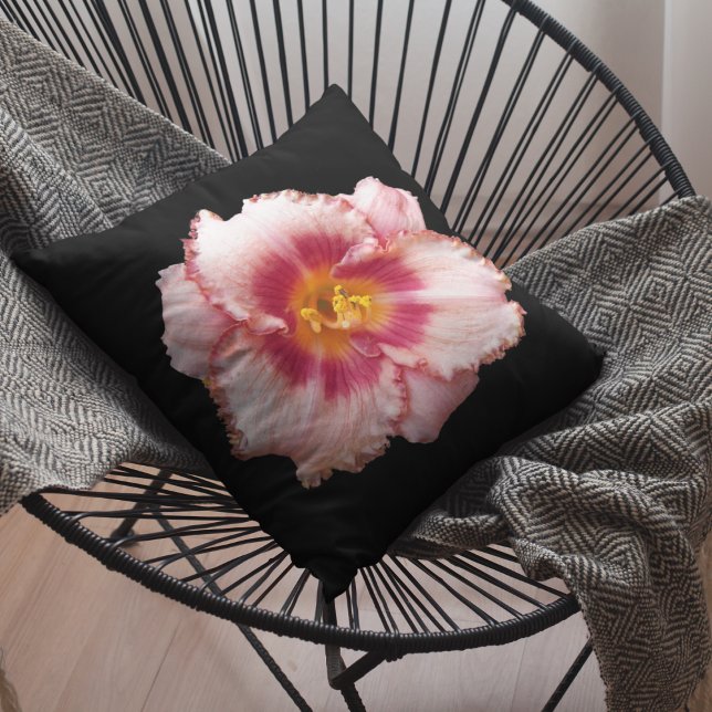 Pink Daylily Bloom on Black Floral Cushion (In Situ Patio)